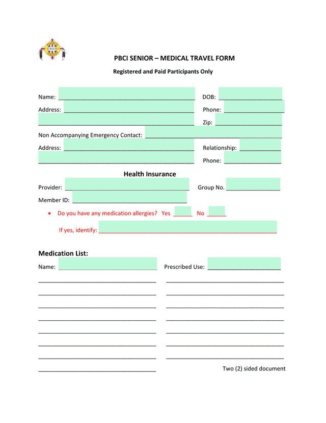 PBCI SENIOR  MEDICAL TRAVEL FORM screenshot