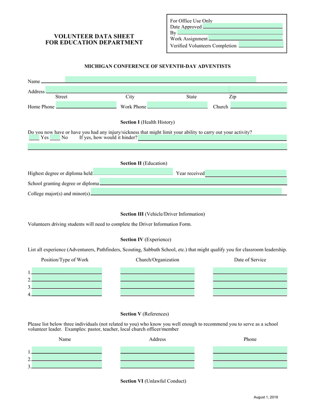 Volunteer Data Sheet screenshot