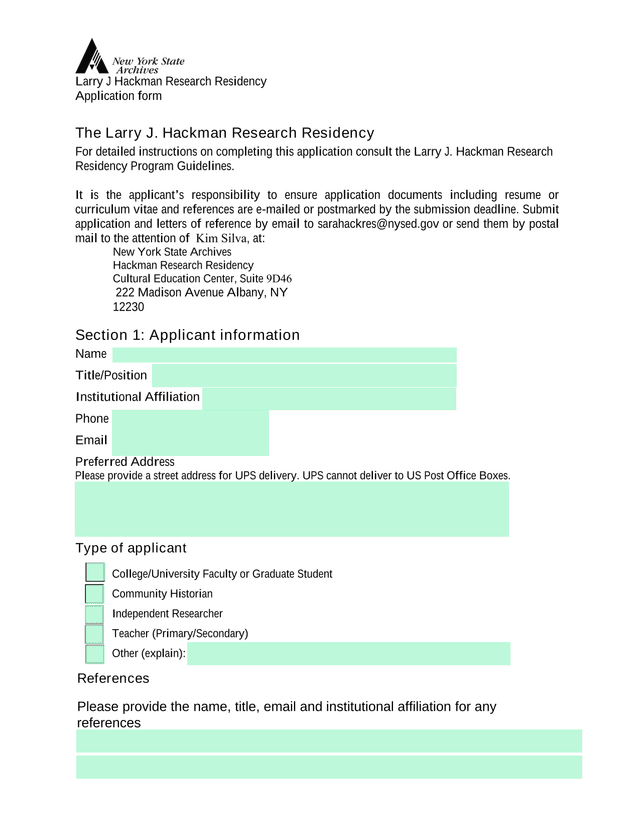 Larry J Hackman Research Residency Application Form screenshot