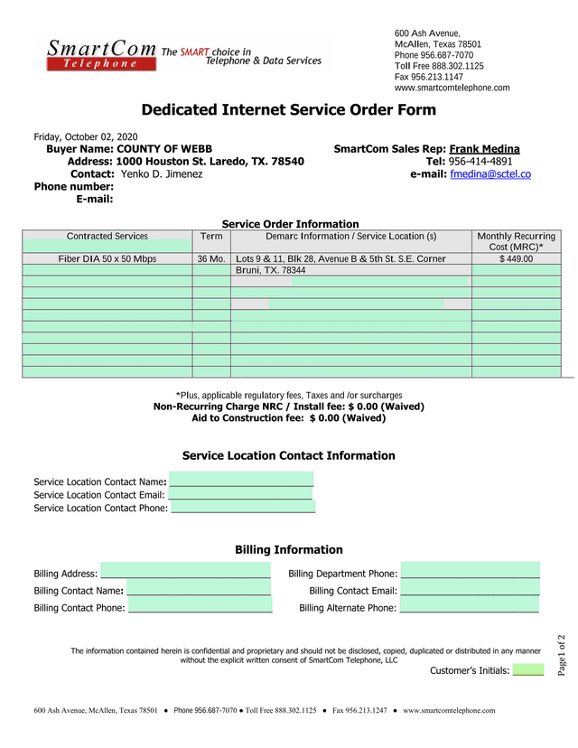 Dedicated Internet Service Order Form screenshot
