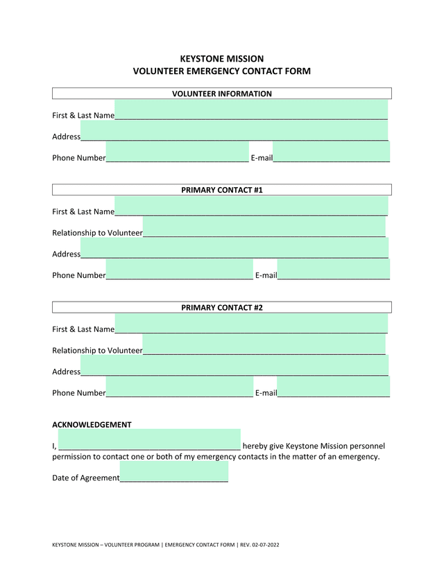 VOLUNTEER EMERGENCY CONTACT FORM screenshot