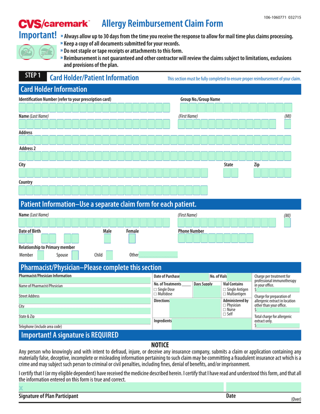 Allergy Reimbursement Claim Form screenshot