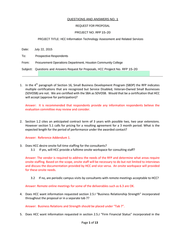 Request For Proposal NO. 1   HCC Information Technology Assessment And Related Services screenshot