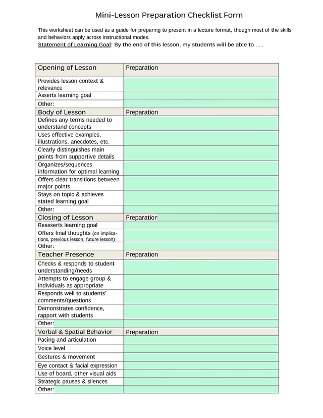 Mini Lesson Preparation Checklist Form screenshot
