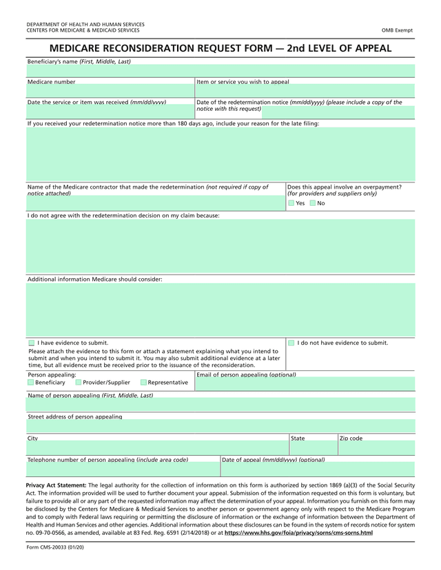Medicare Reconsideration Request Form  2nd Level Of Appeal screenshot