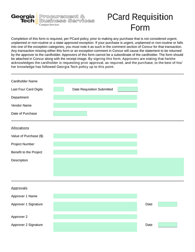 PCard Requisition Form screenshot