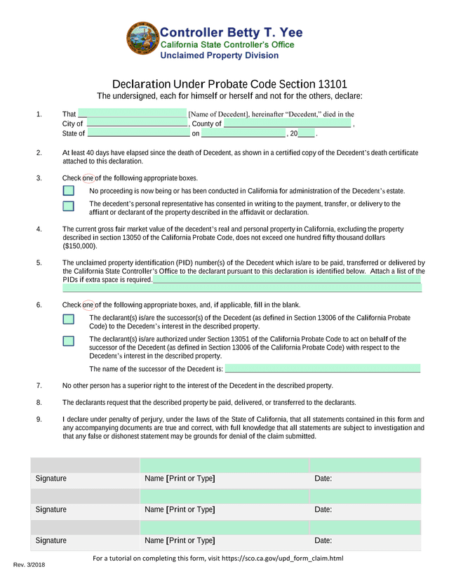 Declaration Under Probate Code Section 13101 screenshot