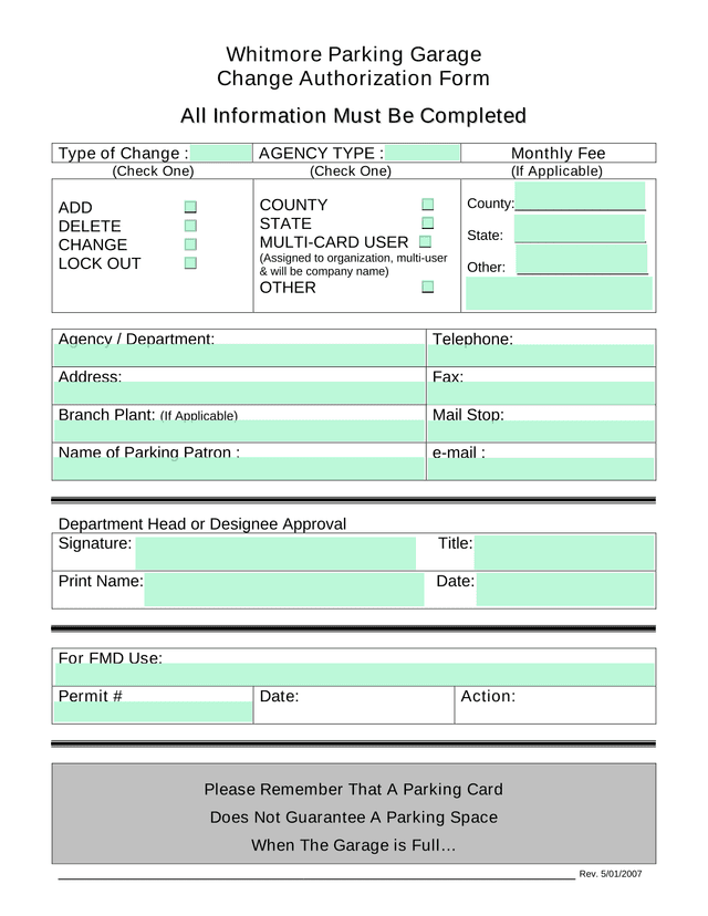 Whitmore Parking Garage Change Authorization Form screenshot