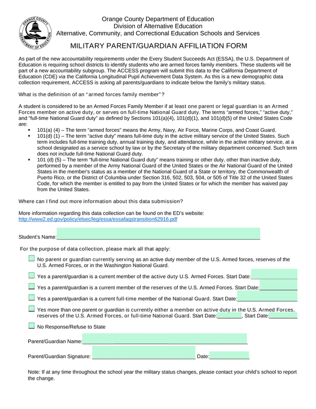 Military ParentGuardian Affiliation Form screenshot