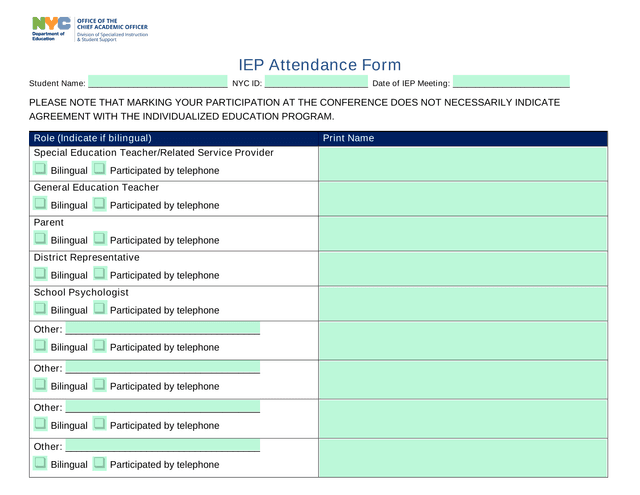 IEP Attendance Form screenshot