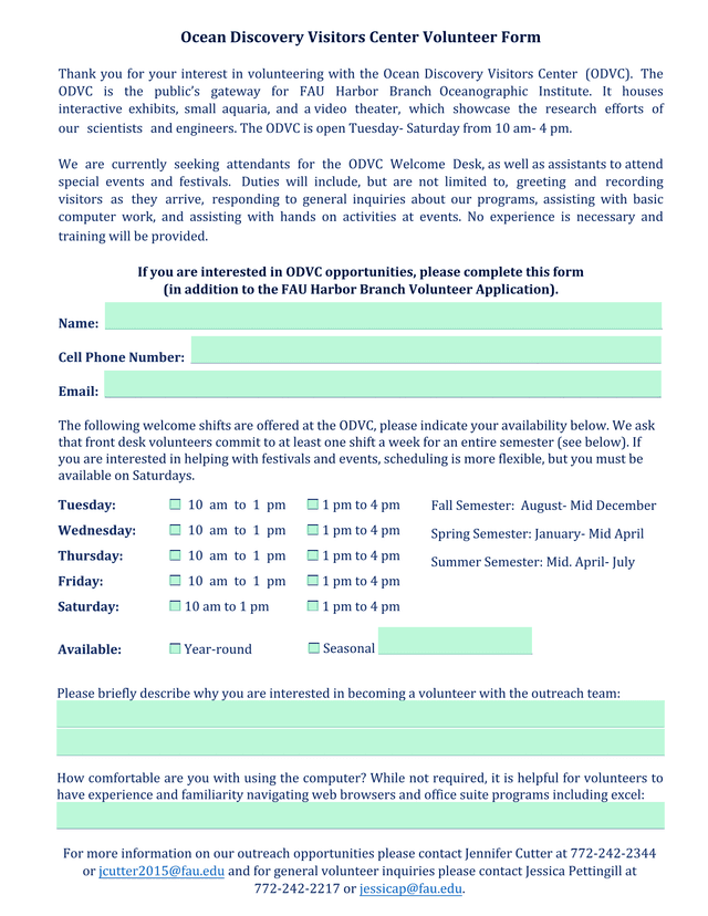 Ocean Discovery Visitors Center Volunteer Form screenshot
