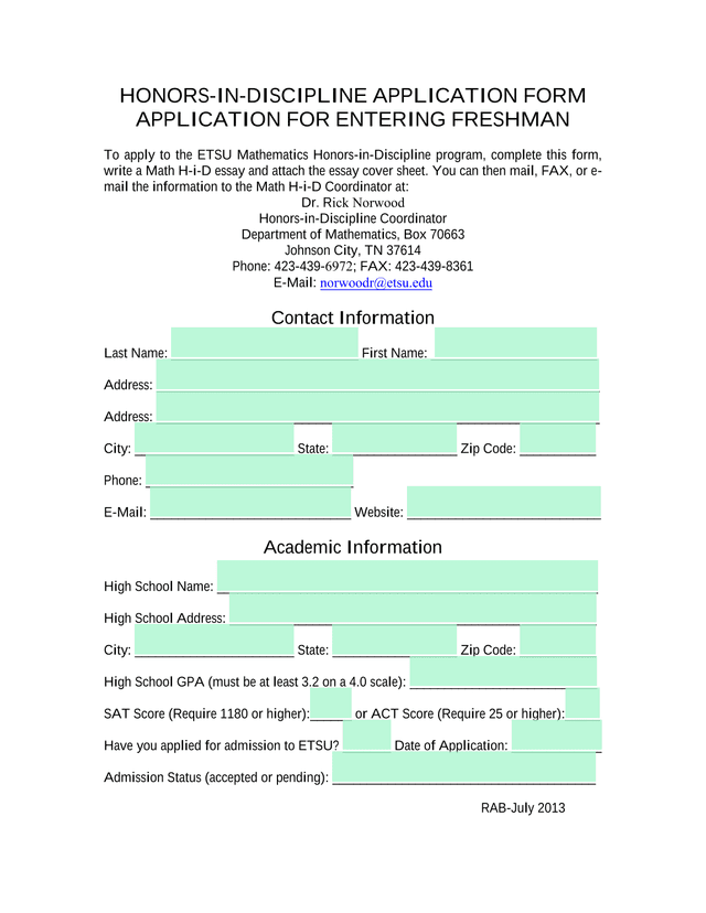 Honors In Discipline Application Form screenshot