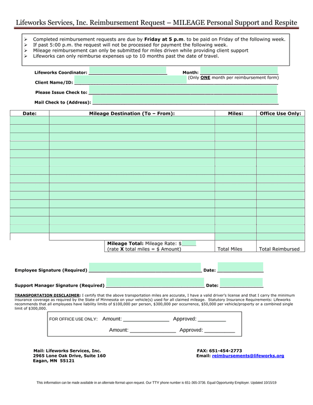 Lifeworks Services, Inc. Reimbursement Request  MILEAGE Personal Support And Respite screenshot