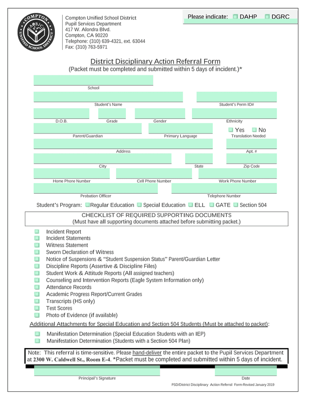 District Disciplinary Action Referral Form screenshot