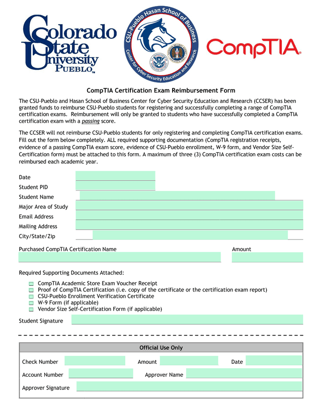 CompTIA Certification Exam Reimbursement Form screenshot