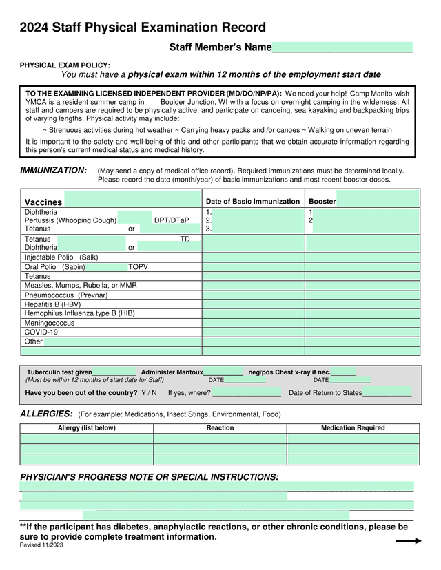 2024 Staff Physical Examination Record screenshot
