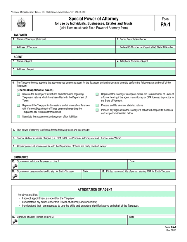 Form PA 1 Special Power Of Attorney screenshot
