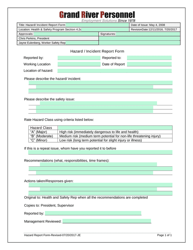 Hazard Incident Report Form screenshot