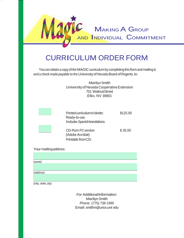 MAGIC Curriculum Order Form screenshot