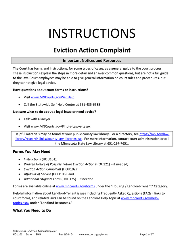 Instructions  Eviction Action Complaint screenshot