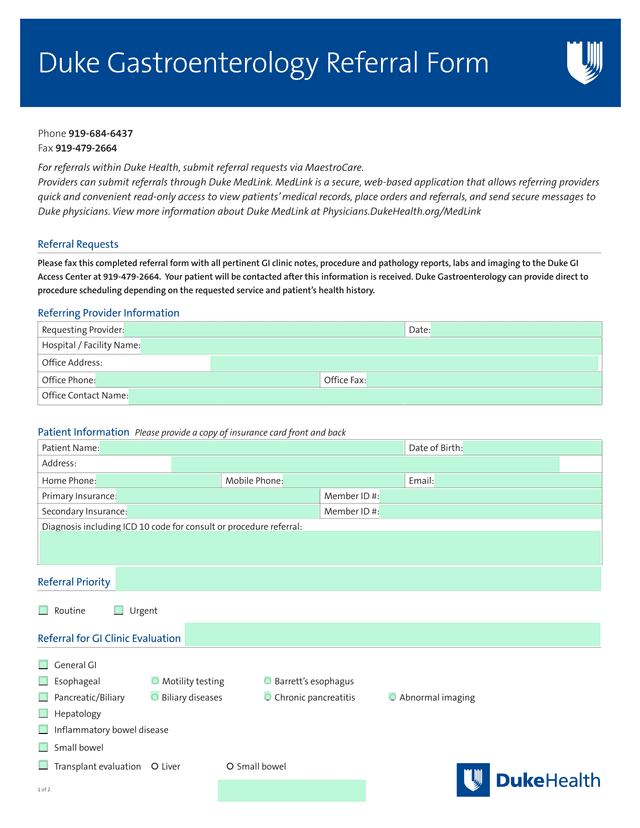 Duke Gastroenterology Referral Form screenshot