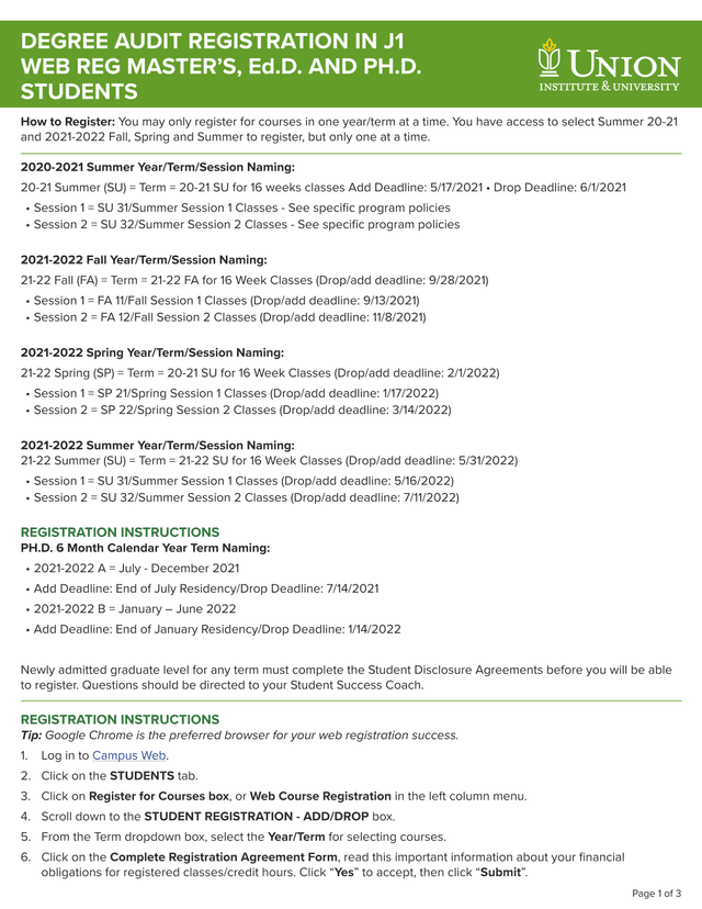 Web Course Registration Instructions screenshot