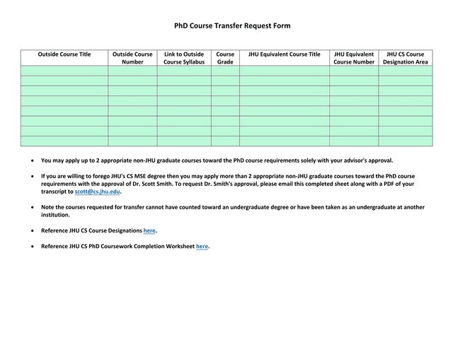 PhD Course Transfer Request Form screenshot