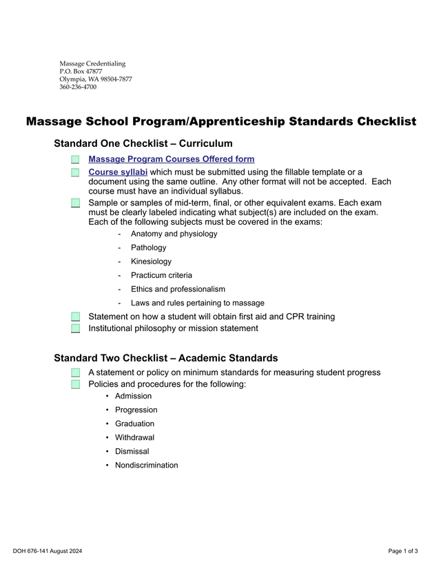 Massage School ProgramApprenticeship Standards Checklist screenshot