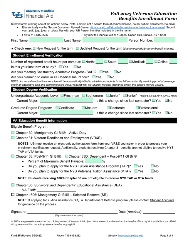 Fall 2023 Veterans Education Benefits Enrollment Form screenshot
