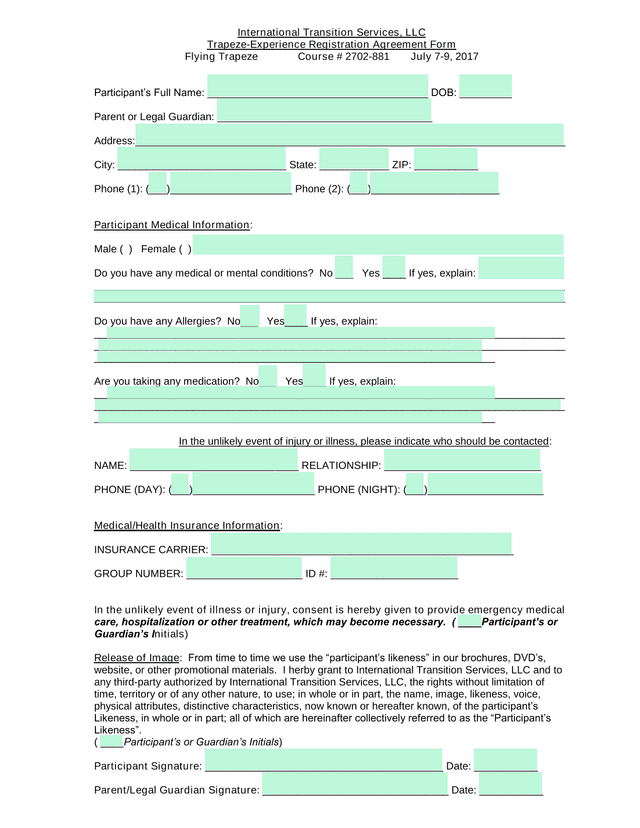 Trapeze Experience Registration Agreement Form screenshot