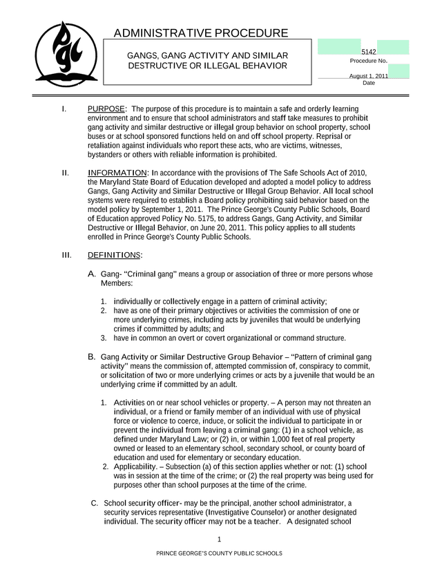 Administrative Procedure 5142 Gangs, Gang Activity And Similar Destructive Or Illegal Behavior screenshot