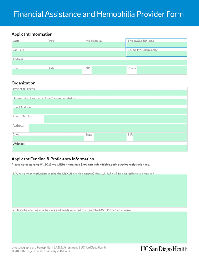 Financial Assistance And Hemophilia Provider Form screenshot