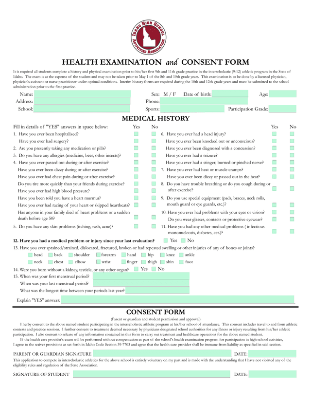 Athletic Participation Consent Form screenshot