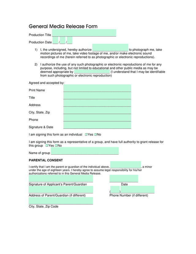 General Media Release Form screenshot