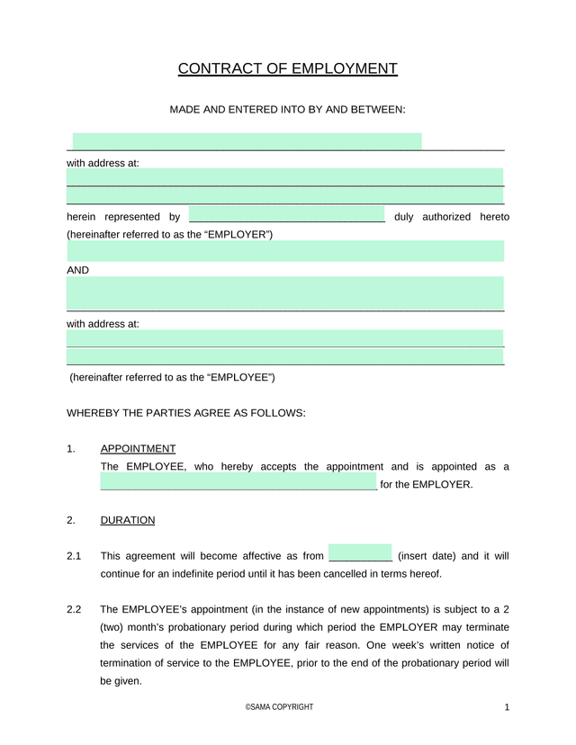 CONTRACT OF EMPLOYMENT screenshot
