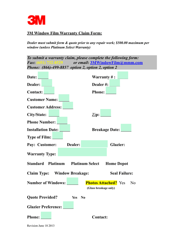 3M Window Film Warranty Claim Form screenshot