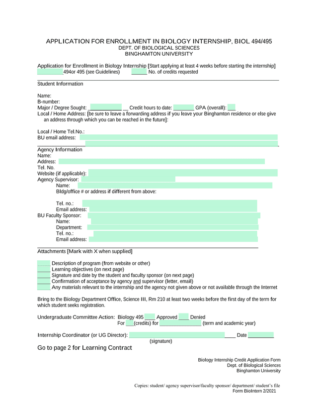 APPLICATION FOR ENROLLMENT IN BIOLOGY INTERNSHIP, BIOL 494495 screenshot
