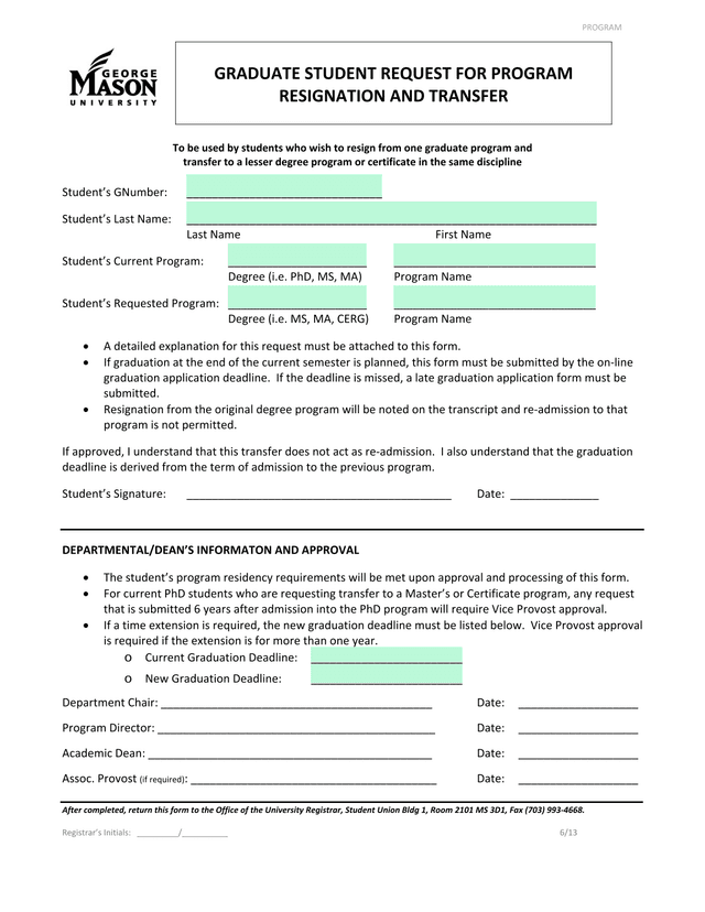 Graduate Student Request For Program Resignation And Transfer screenshot