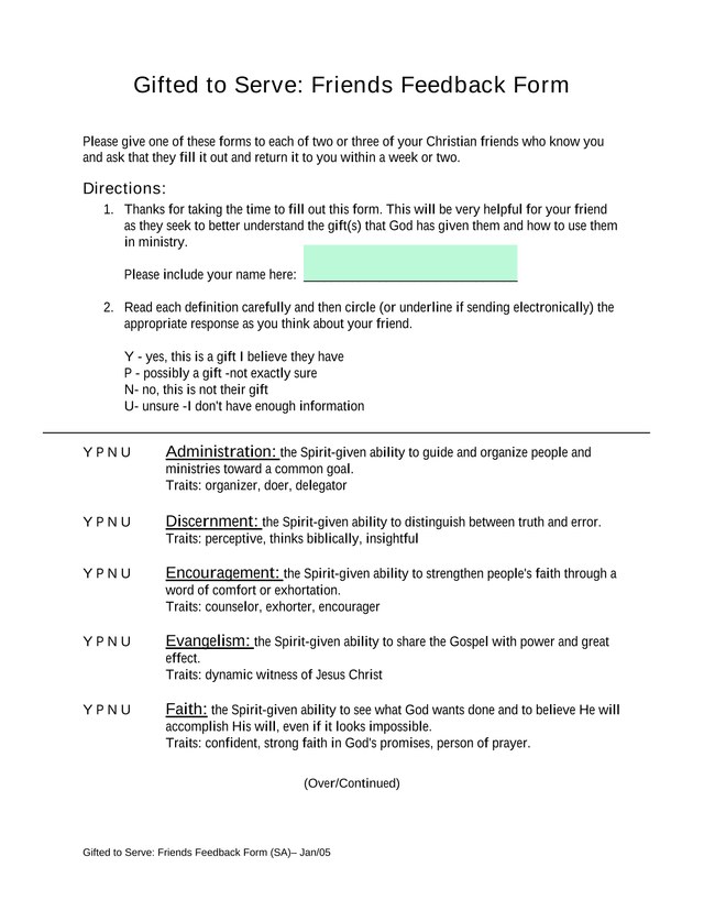 Gifted To Serve Friends Feedback Form (SA) screenshot