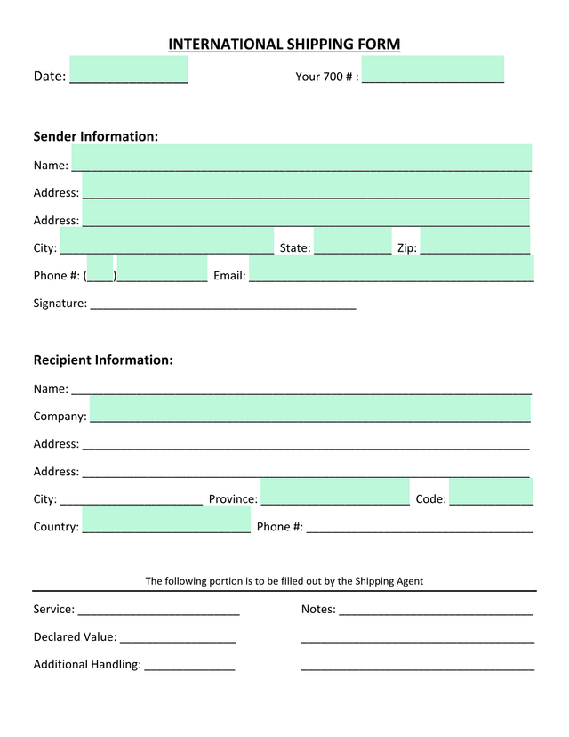 INTERNATIONAL SHIPPING FORM screenshot