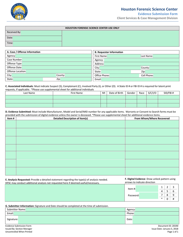 Houston Forensic Science Center Evidence Submission Form screenshot