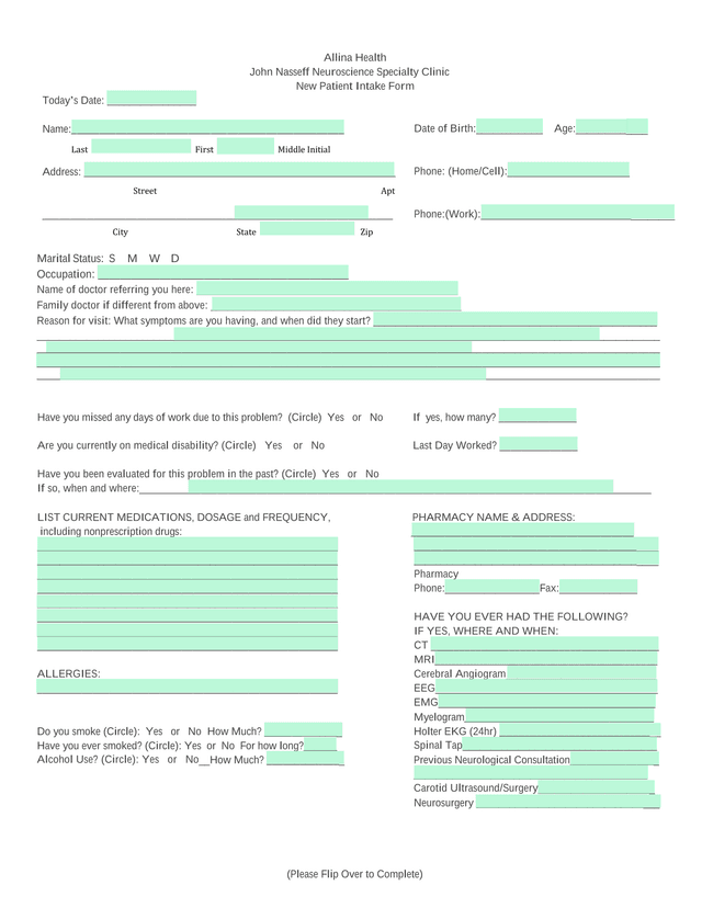 Allina Health John Nasseff Neuroscience Specialty Clinic New Patient Intake Form screenshot