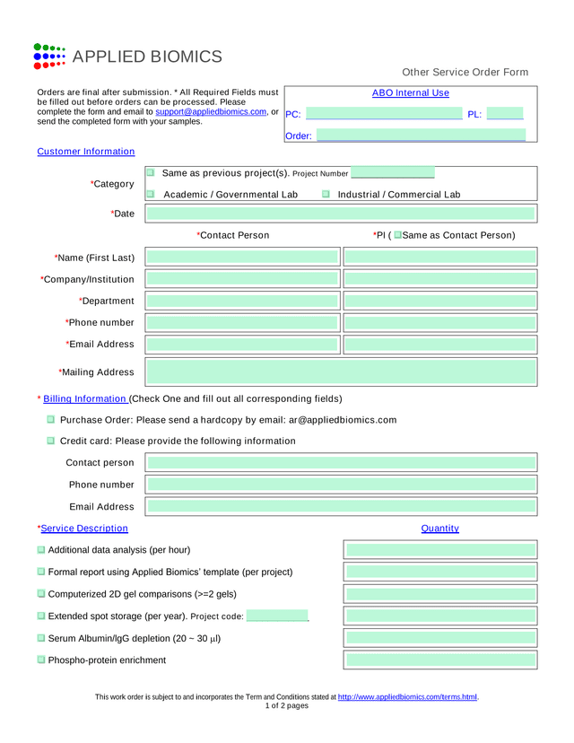 Other Service Order Form screenshot
