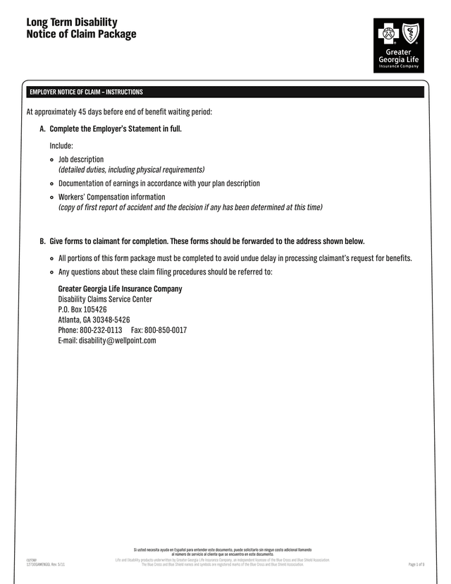 Employer Notice Of Claim  Long Term Disability screenshot