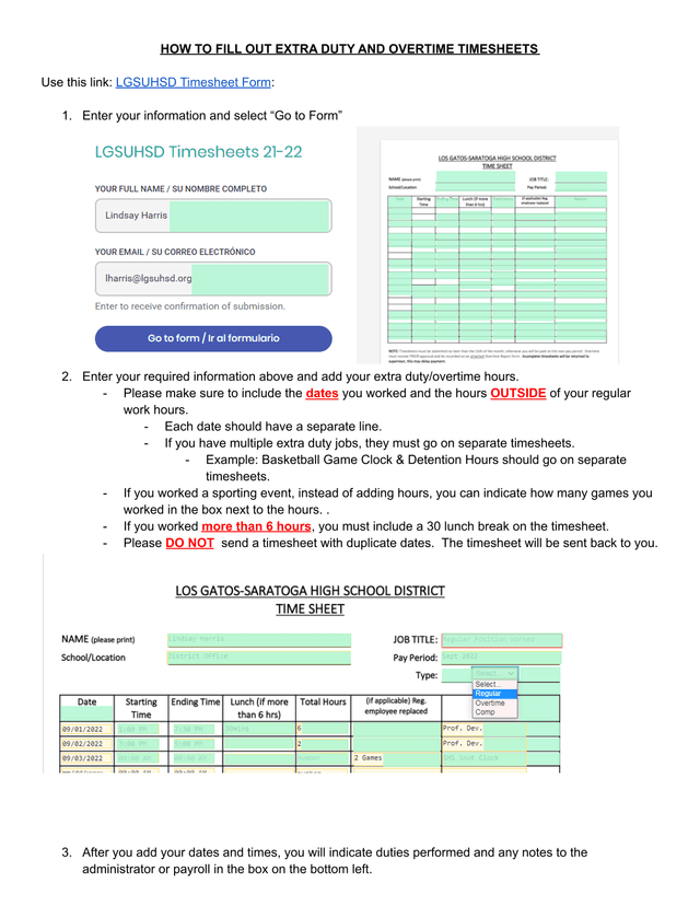 Extra Duty And Overtime Timesheets Instructions screenshot