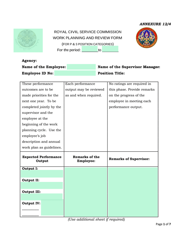 WORK PLANNING AND REVIEW FORM screenshot