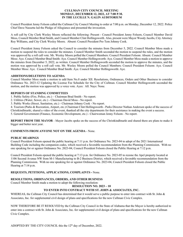 Cullman City Council Meeting Minutes screenshot