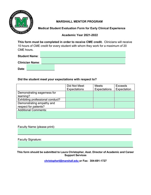 Marshall Mentor Program Medical Student Evaluation Form For Early Clinical Experience screenshot