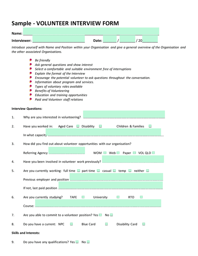 Sample   VOLUNTEER INTERVIEW FORM screenshot