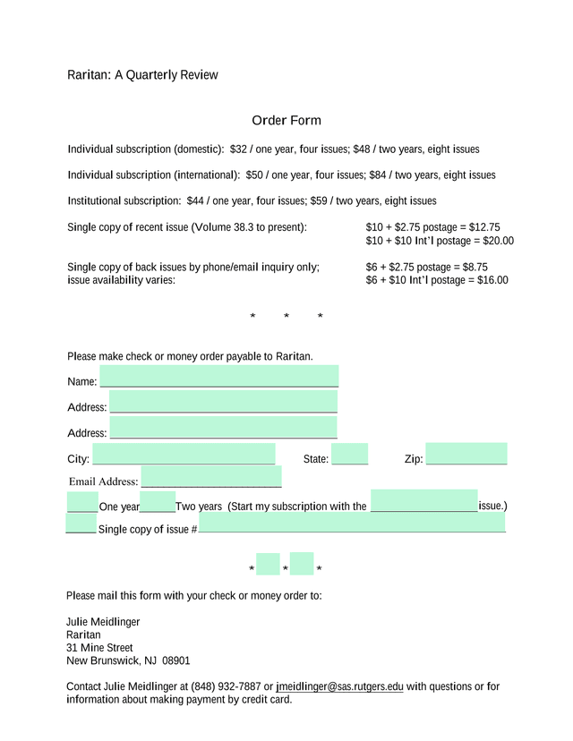 Raritan A Quarterly Review Order Form screenshot